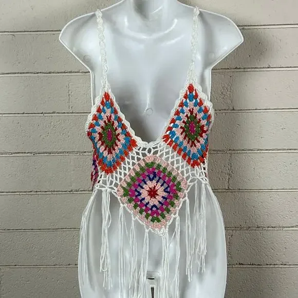Rebellion Again Top Womens Multicolor Festival Crochet Tank Size S - Picture 5 of 8